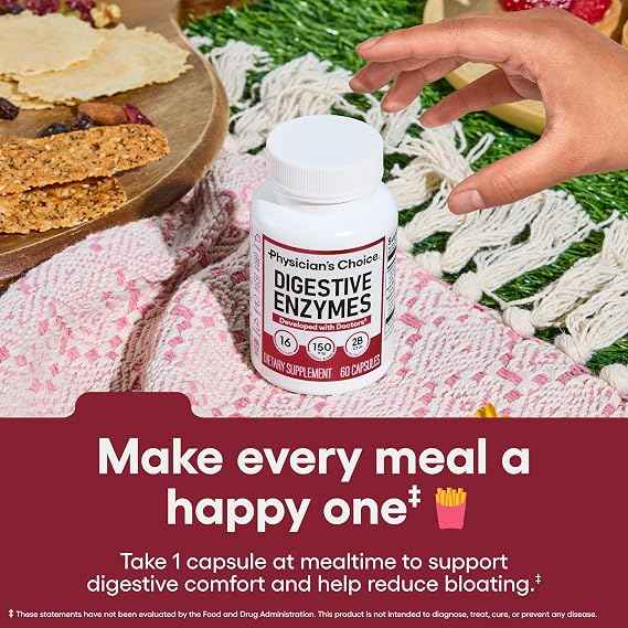 Physician's CHOICE Digestive Enzymes for Bloating & Digestion - Fast-Acting 16 Enzyme Formula with Organic Prebiotics & Probiotics for Gut & Digestive Health - Meal Time Discomfort Relief - 60 CT