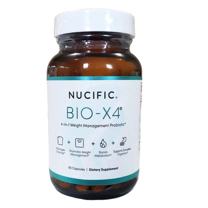 A bottle of Nucifix Bio-X4 dietary supplement capsules on a plain white background.