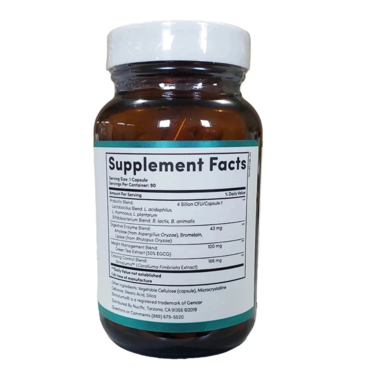 An amber glass supplement bottle with a white cap and a white label featuring a teal band and black text, labeled 'Supplement Facts'.