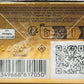 Back of a product packaging with text, symbols, and barcodes on a gold background