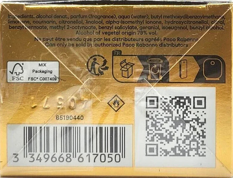 Back of a product packaging with text, symbols, and barcodes on a gold background