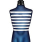 Blue and white striped perfume bottle on a white background