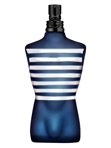 Blue and white striped perfume bottle on a white background