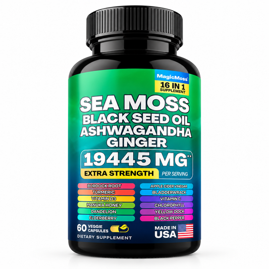 Sea Moss, Black Seed Oil, Ashwagandha, Turmeric, Ginger (16 in 1 Multivitamin)