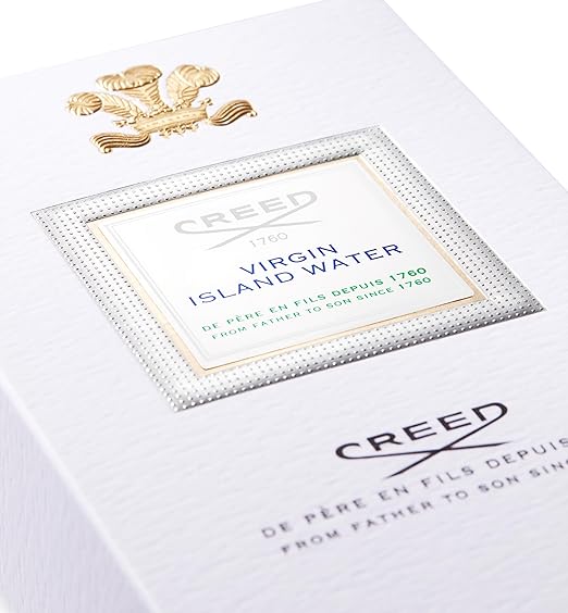 Creed Virgin Island Water perfume packaging with gold emblem on a white background