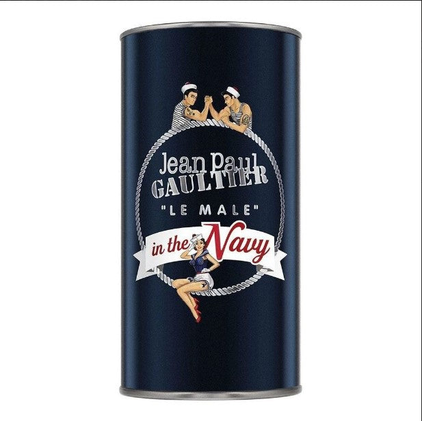 Cylindrical container with 'Jean Paul Gaultier Le Male in the Navy' design on a white background