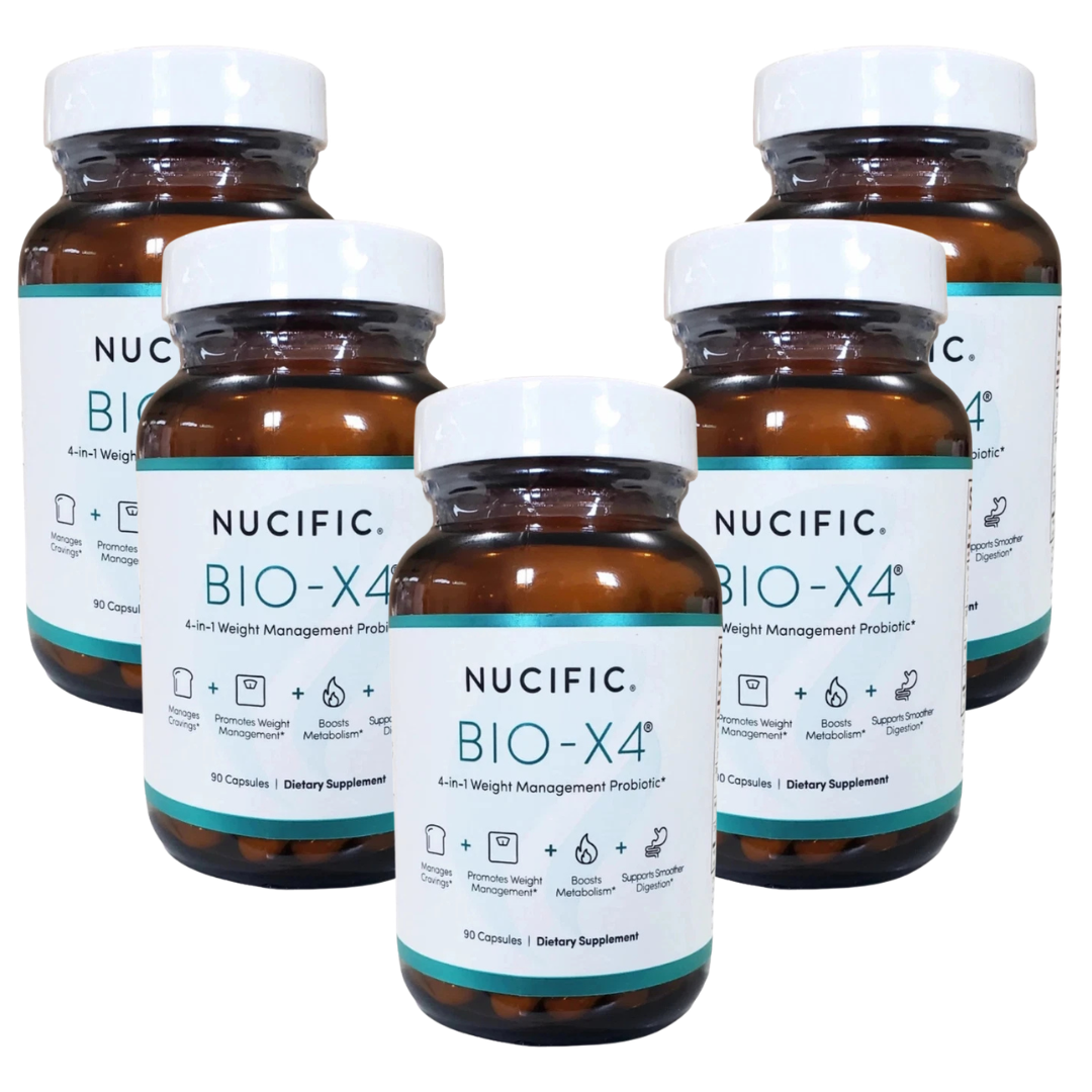 Five amber supplement bottles with white caps and white labels reading NUCIFIC BIO-X4 arranged on a plain white background.