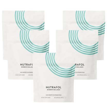 Four white stand-up pouches of Nutrafol Women's Balance dietary supplement arranged in a fan shape on a white background.
