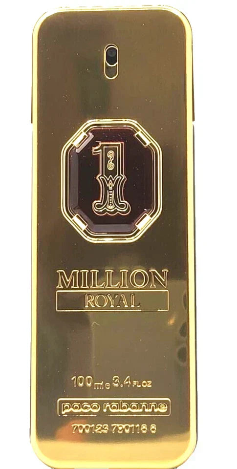 Gold bottle with '1 Million Royal' branding on a white background
