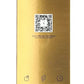 Gold product packaging with QR code and icons on a white background