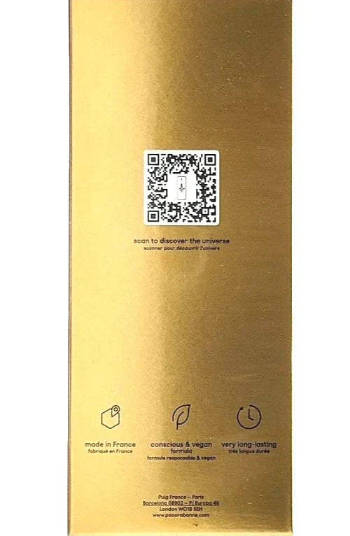 Gold product packaging with QR code and icons on a white background