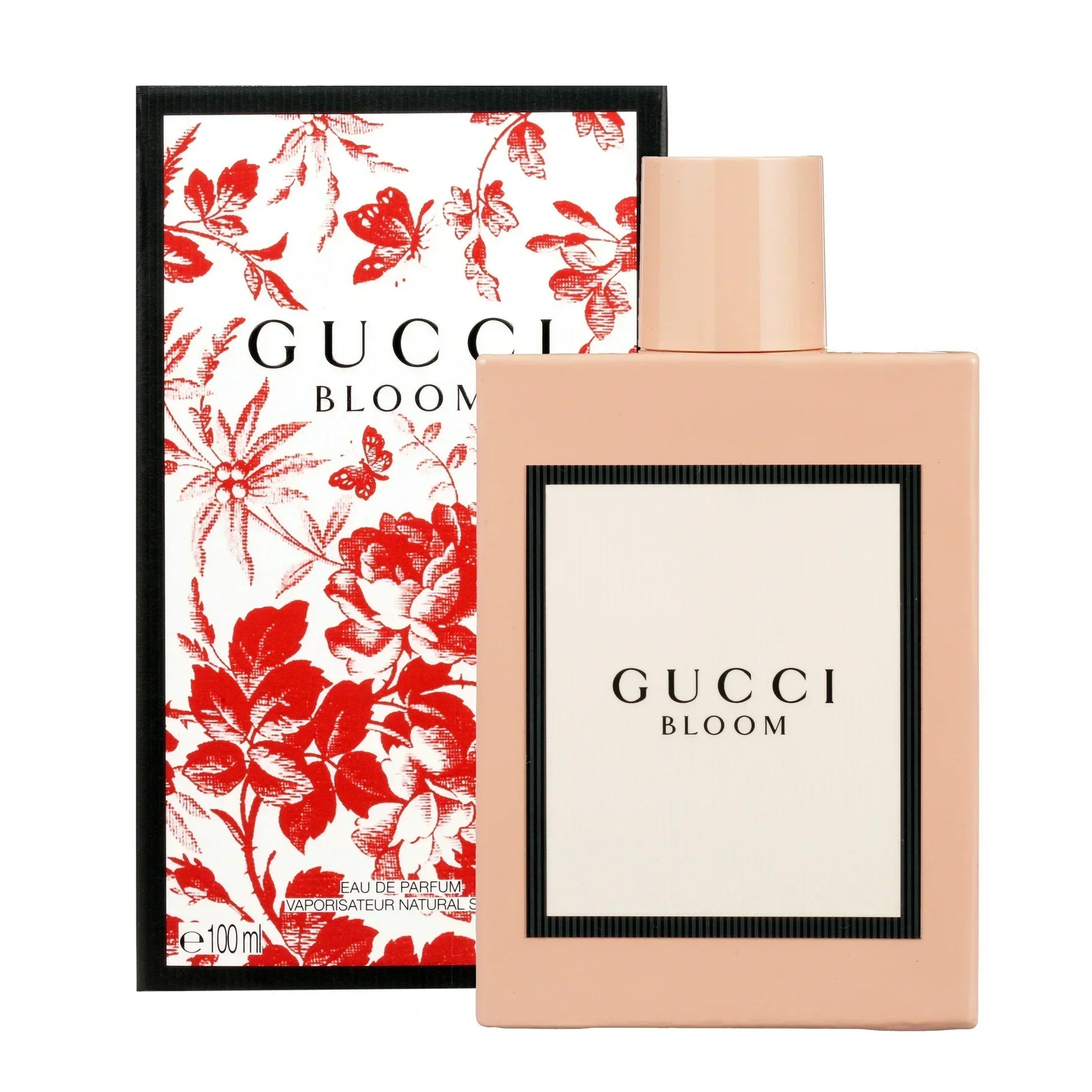 Gucci Bloom perfume bottle and packaging with floral design