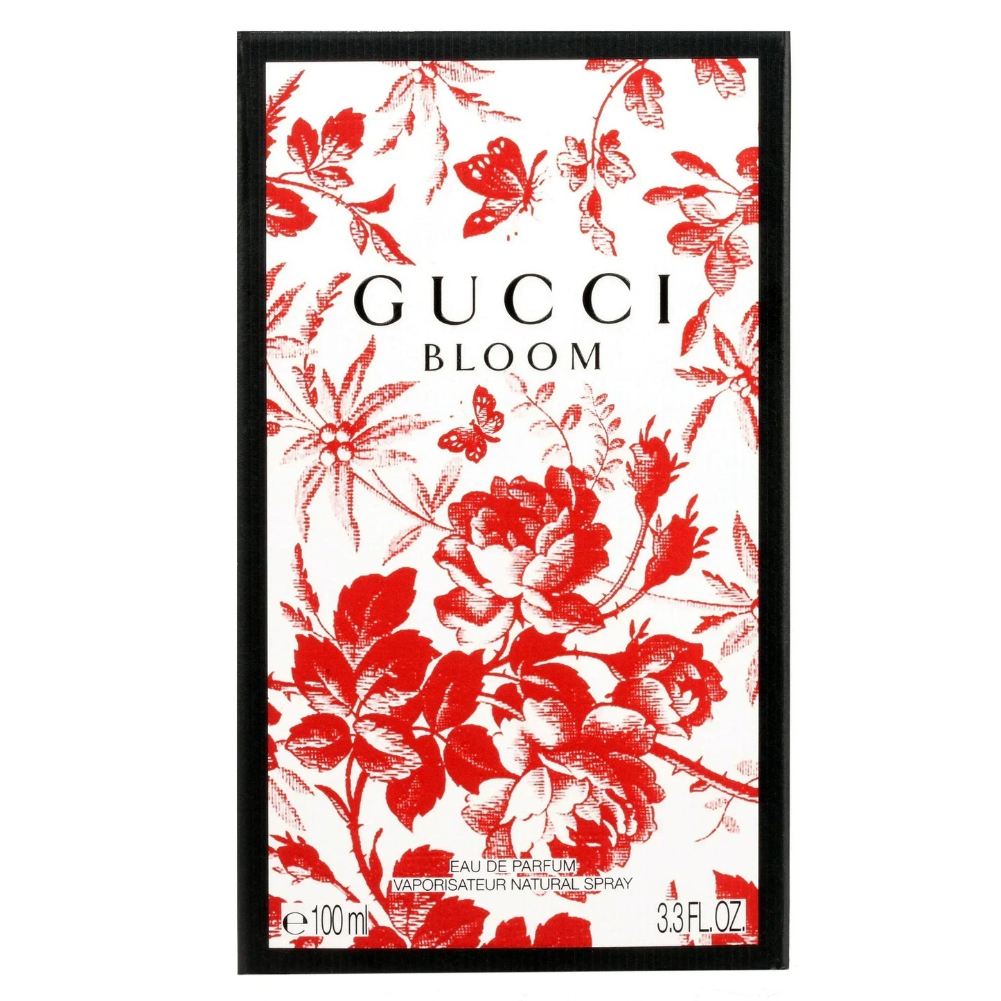 Gucci Bloom perfume packaging with red floral design on a white background