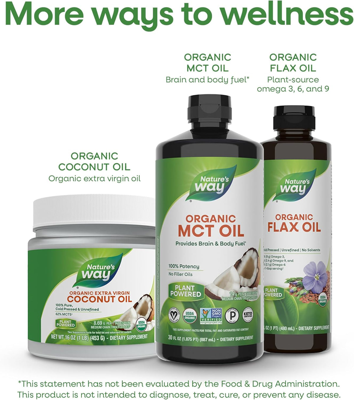 Nature's Way organic oils including MCT, flax, and coconut on a white background.
