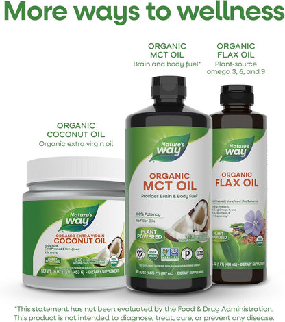 Nature's Way organic oils including MCT, flax, and coconut on a white background.