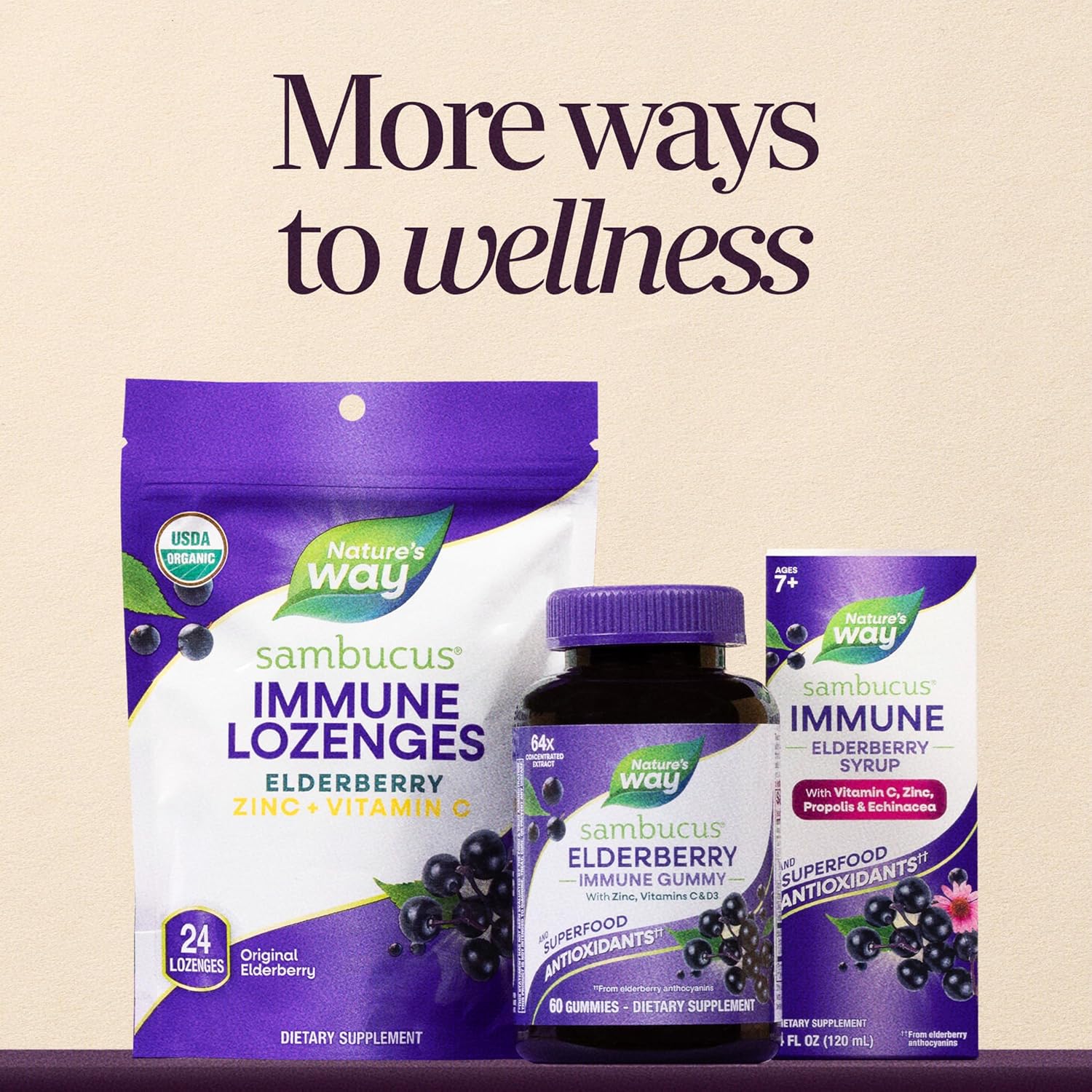 Nature's Way sambucus immune products on a beige background with text 'More ways to wellness'.