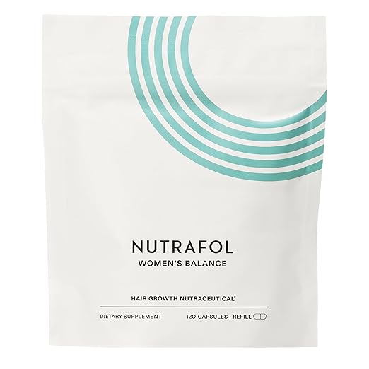 Nutrafol Women's Balance dietary supplement package with teal circular design on a white background