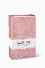 Pink and gold packaging of 'Good Girl' by Carolina Herrera on a white background