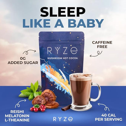 RYZE mushroom hot cocoa package with a cup of hot chocolate on a blurred background