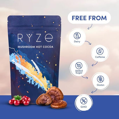 RYZé mushroom hot cocoa package with ingredients and allergen-free icons on a gradient background