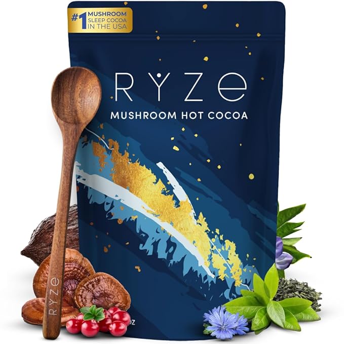 Rye Mushroom Hot Cocoa package with a wooden spoon and ingredients on a white background
