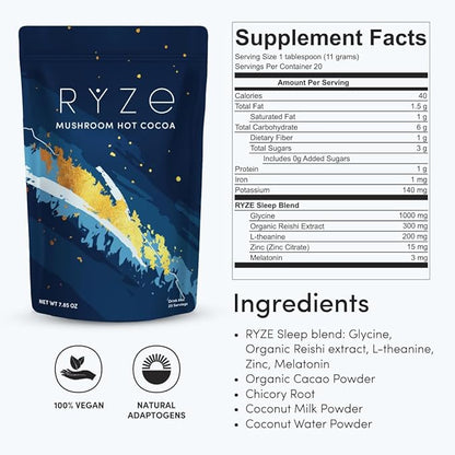 Rye Mushroom Hot Cocoa package with supplement facts and ingredients listed on a white background