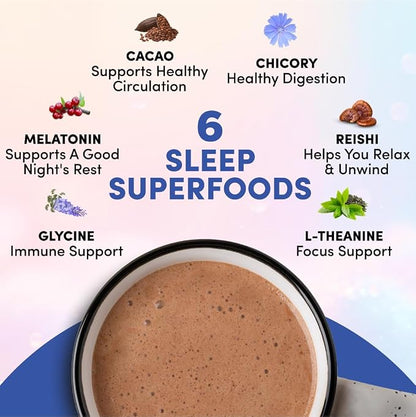 Sleep superfoods with a bowl of chocolate drink and listed benefits on a light pink background