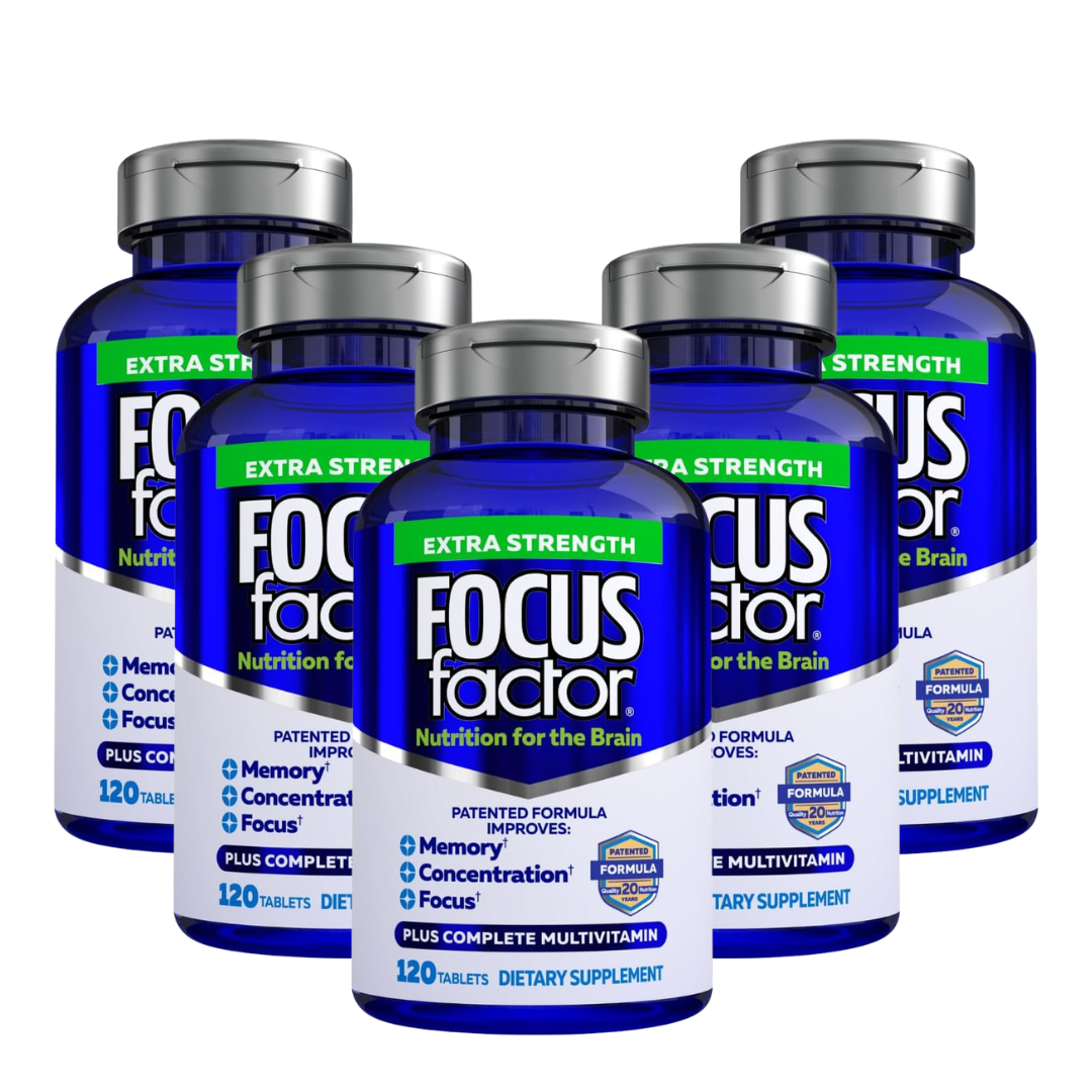 Focus Factor Adults Extra Strength, 120 Count - Brain Supplement for Memory, Concentration and Focus - Complete Multivitamin with DMAE, Vitamin D, DHA - Trusted Health Vitamins