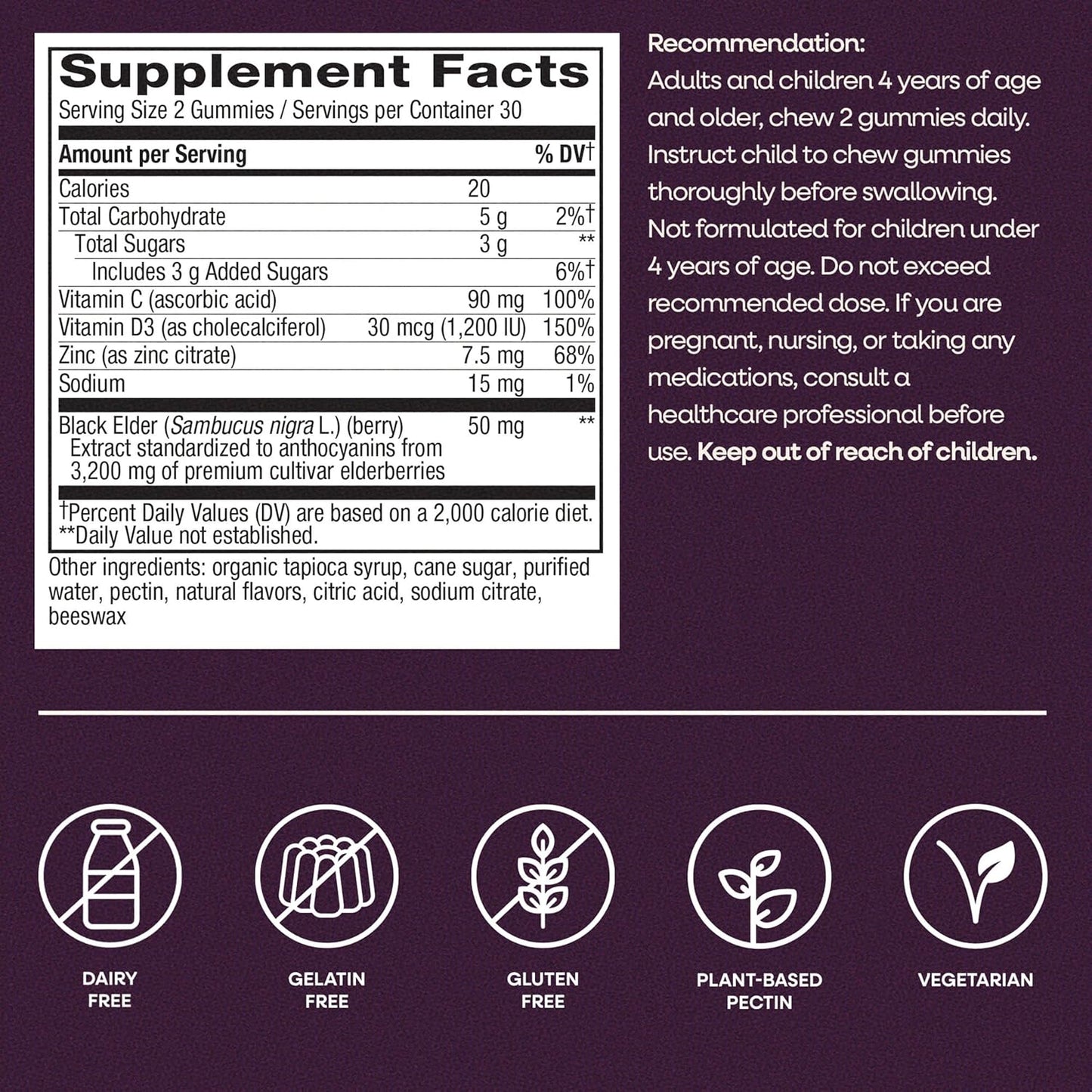 Supplement facts label with dietary information and icons on a purple background