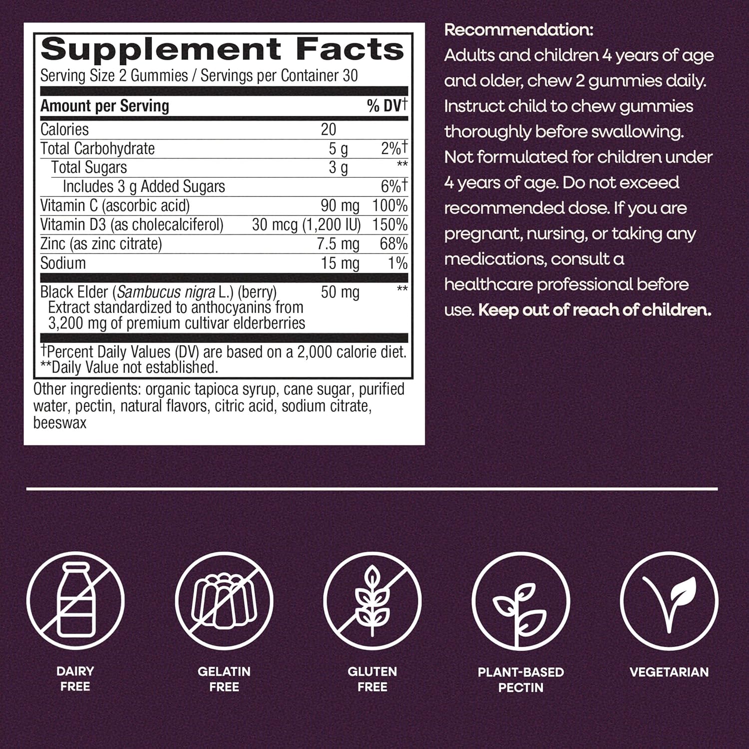 Supplement facts label with dietary information and icons on a purple background