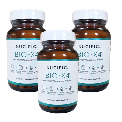 Three amber plastic supplement bottles with white caps and white labels reading NUCIFIC. BIO-X4, arranged on a plain white background.