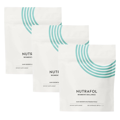 Three white stand-up pouches of Nutrafol Women's dietary supplements arranged in a fan shape on a white background. The front pouch is labeled 'NUTRAFOL WOMEN'S BALANCE' and the back two are labeled 'NUTR WOMEN'S' and 'NUTF WOMEN'S' respectively.