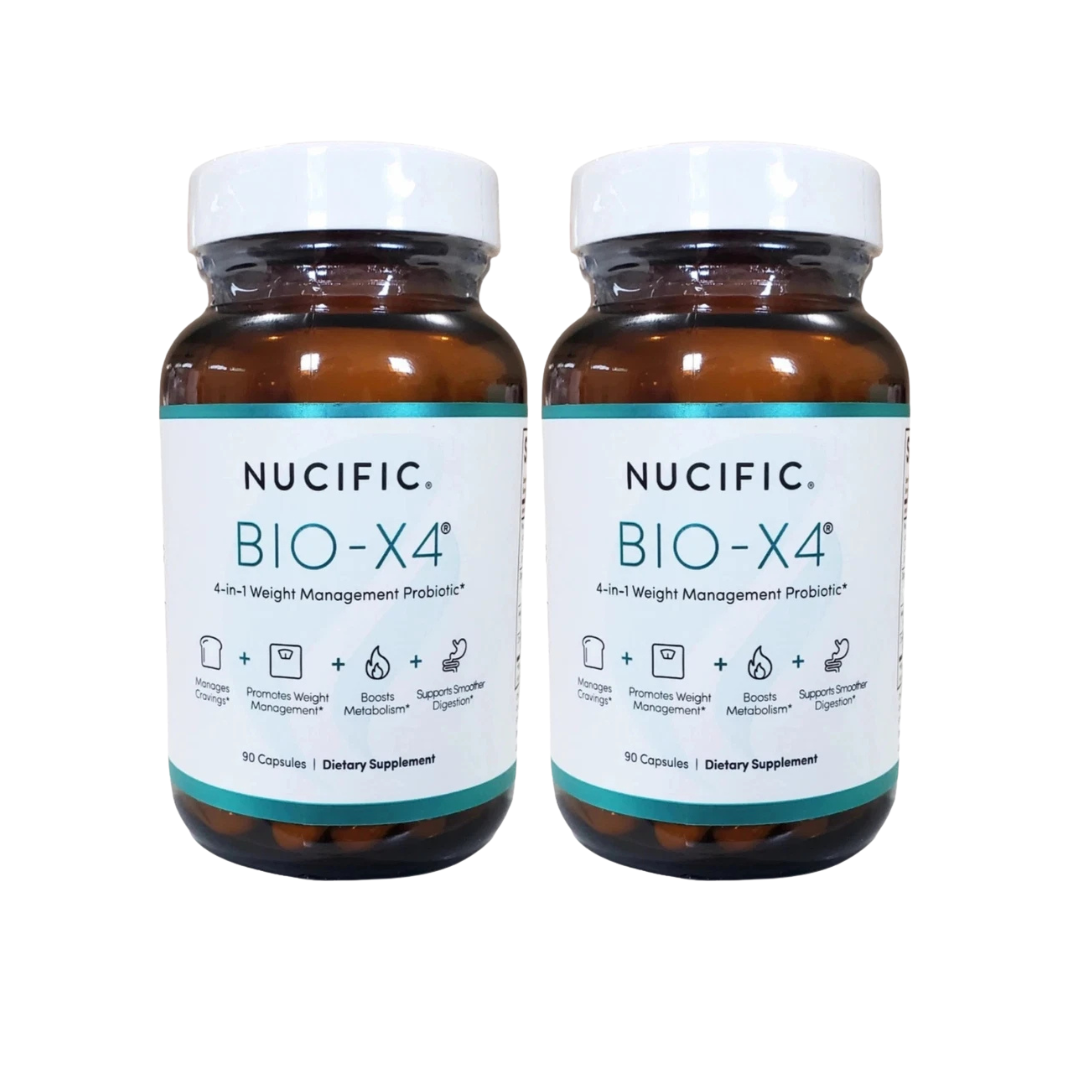 Two amber supplement bottles with white caps and white labels, shown side by side on a plain white background. The labels read NUCIFIC BIO-X4 and indicate a 4-in-1 weight management probiotic with 90 capsules.
