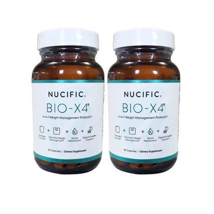Two amber supplement bottles with white caps and white labels, shown side by side on a plain white background. The labels read NUCIFIC BIO-X4 and indicate a 4-in-1 weight management probiotic with 90 capsules.