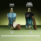Two perfume bottles labeled 'Le Beau' with descriptive text on a green background