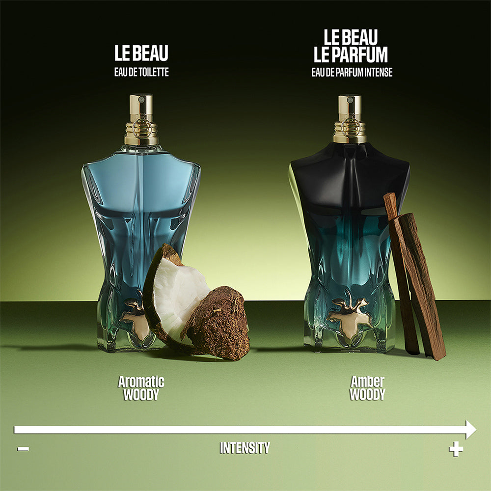Two perfume bottles labeled 'Le Beau' with descriptive text on a green background