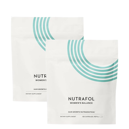 Two white stand-up pouches of Nutrafol Women's Balance dietary supplement capsules, with one pouch in front of the other on a plain white background.