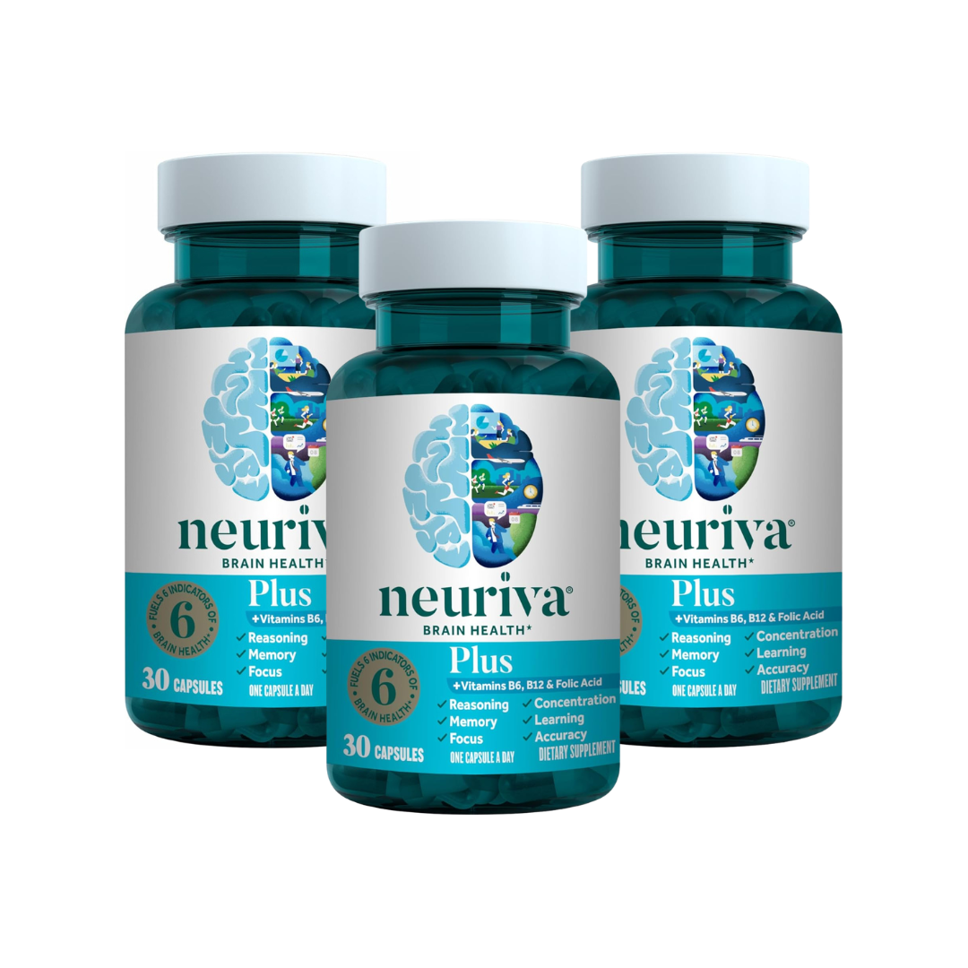 NEURIVA Plus Brain Supplement for Memory, Focus & Concentration + Cognitive Function with Clinically Tested Nootropics Phosphatidylserine and Neurofactor, Vitamins B6 & B12, 30 Count Capsules