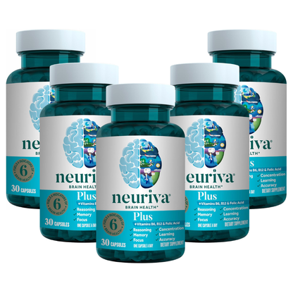 NEURIVA Plus Brain Supplement for Memory, Focus & Concentration + Cognitive Function with Clinically Tested Nootropics Phosphatidylserine and Neurofactor, Vitamins B6 & B12, 30 Count Capsules