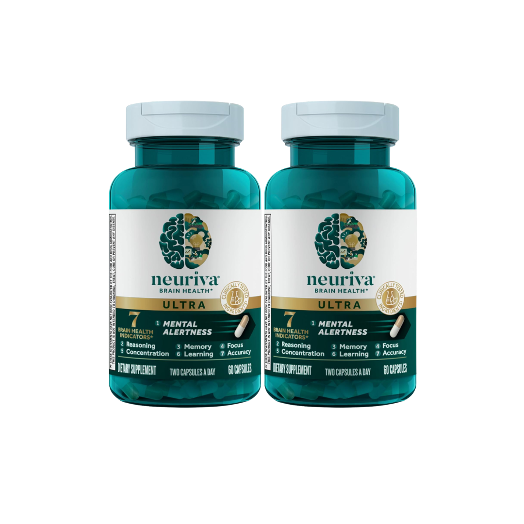 NEURIVA Ultra Decaffeinated Clinically Tested Nootropic Brain Supplement for Mental Alertness, Memory, Focus & Concentration, Cognivive, Neurofactor, Phosphatidylserine, Vitamins B6 B12, 60 Capsules