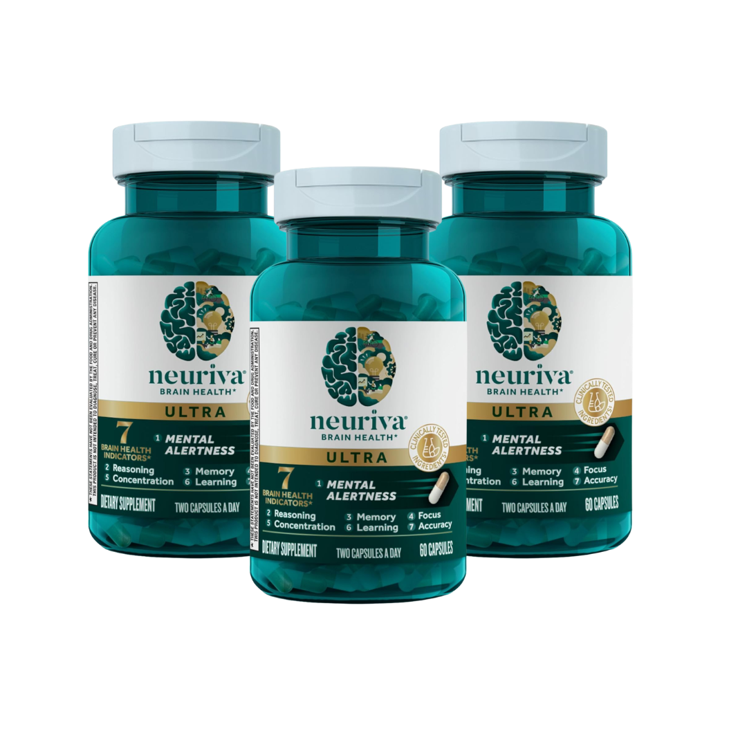 NEURIVA Ultra Decaffeinated Clinically Tested Nootropic Brain Supplement for Mental Alertness, Memory, Focus & Concentration, Cognivive, Neurofactor, Phosphatidylserine, Vitamins B6 B12, 60 Capsules