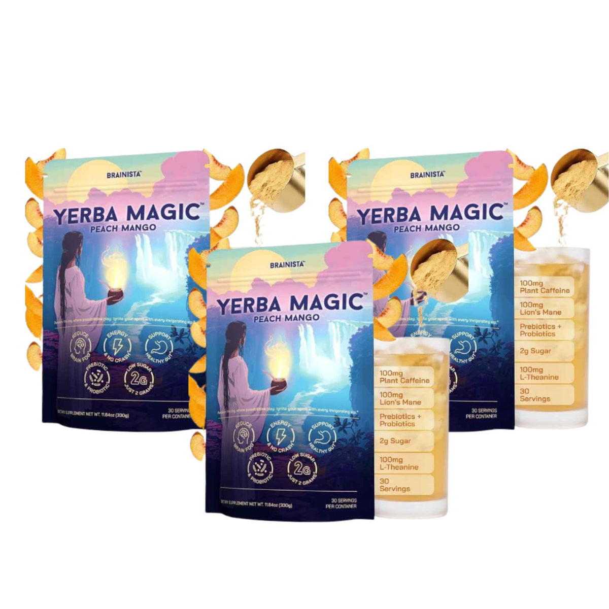 Yerba Mate Energy Drinks, Yerba Magic, Gut Health, Peach Mango, 30 Servings