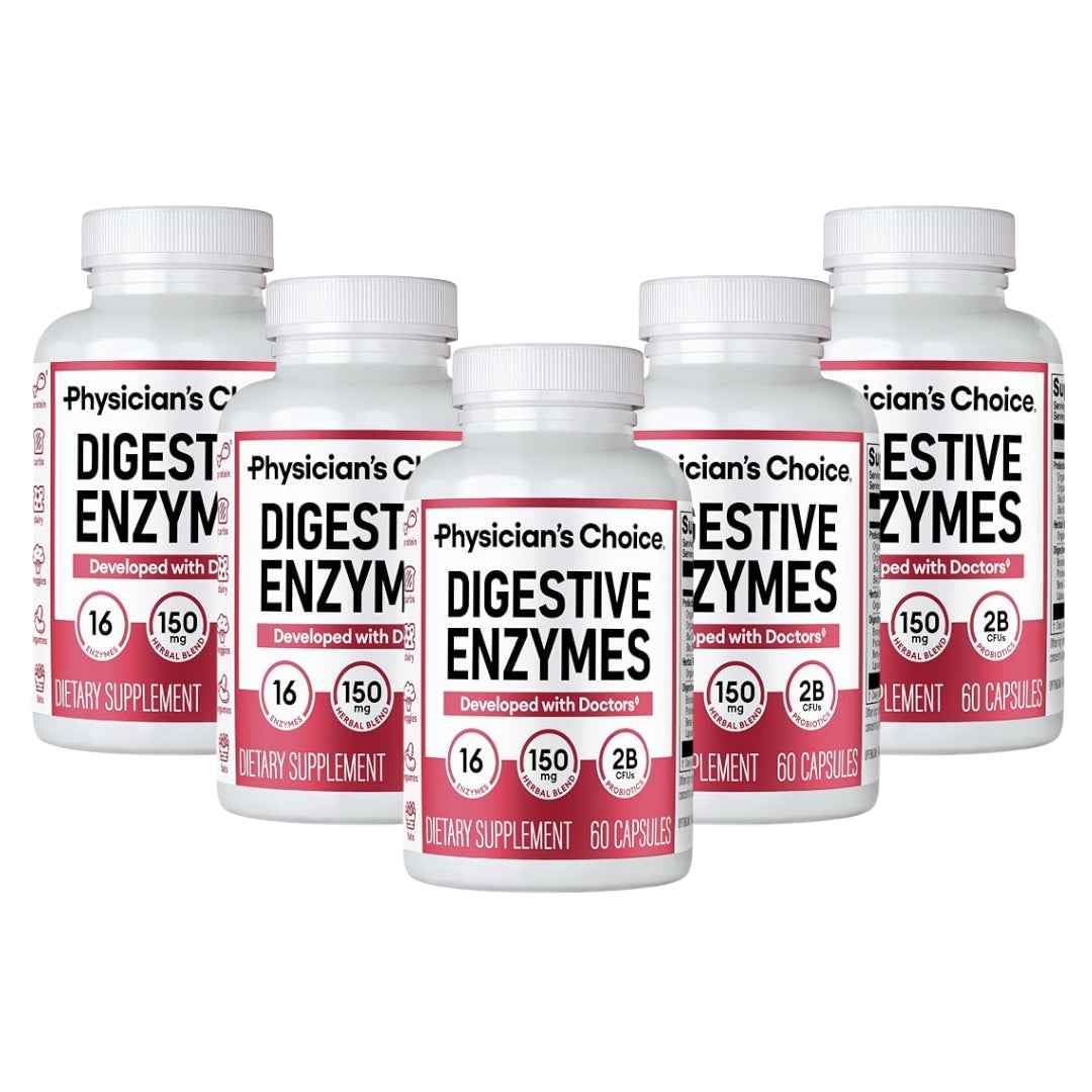 Pack of 5 Physician's CHOICE Digestive Enzymes for Bloating & Digestion - Fast-Acting 16 Enzyme Formula with Organic Prebiotics & Probiotics for Gut & Digestive Health - Meal Time Discomfort Relief - 60 CT
