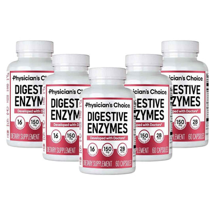 Pack of 5 Physician's CHOICE Digestive Enzymes for Bloating & Digestion - Fast-Acting 16 Enzyme Formula with Organic Prebiotics & Probiotics for Gut & Digestive Health - Meal Time Discomfort Relief - 60 CT