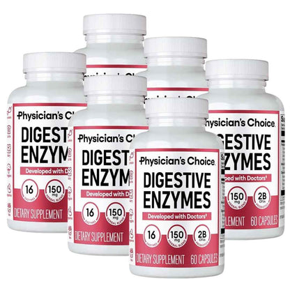 Pack of 6 Physician's CHOICE Digestive Enzymes for Bloating & Digestion - Fast-Acting 16 Enzyme Formula with Organic Prebiotics & Probiotics for Gut & Digestive Health - Meal Time Discomfort Relief - 60 CT