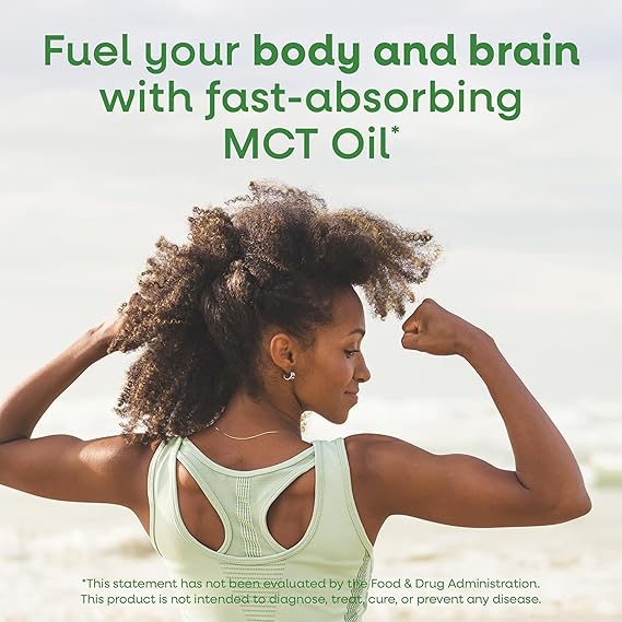Woman flexing muscles with text about MCT oil on a light background