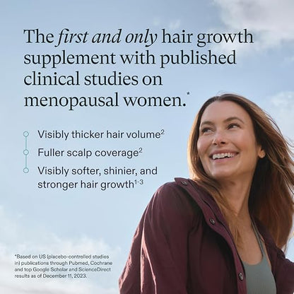 Woman with long hair against a blue sky, promoting a hair growth supplement with text about clinical studies.