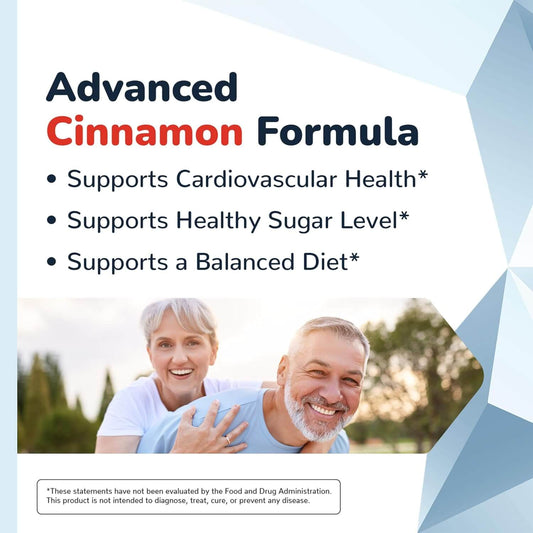 Advanced cinnamon formula ad highlighting cardiovascular health, healthy sugar levels, and balanced diet benefits with happy couple.