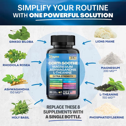 Cortisol Manager Supplement with Magnesium Glycinate, L-Theanine, Ashwagandha & Herbal Blend