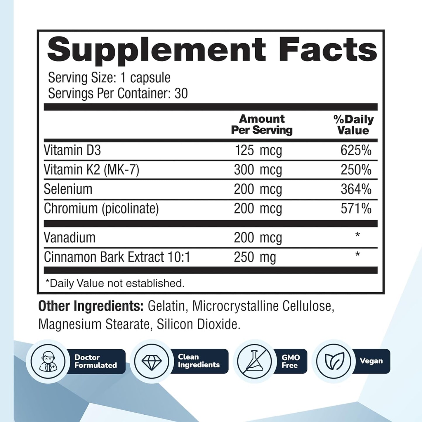 Supplement facts of CinnaChroma Capsules with ingredients and daily values.